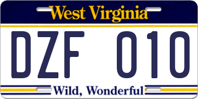 WV license plate DZF010