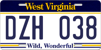 WV license plate DZH038