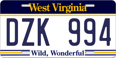 WV license plate DZK994