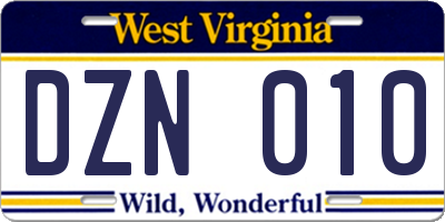 WV license plate DZN010