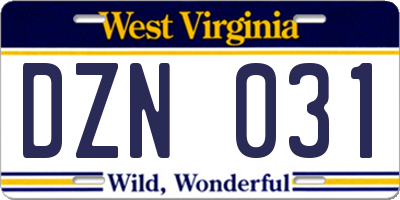 WV license plate DZN031