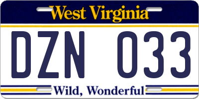 WV license plate DZN033