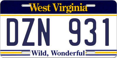 WV license plate DZN931