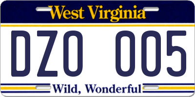 WV license plate DZO005