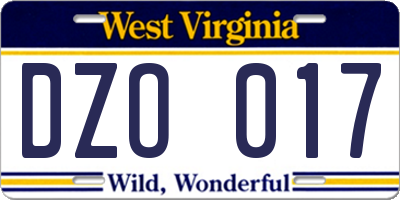 WV license plate DZO017