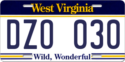 WV license plate DZO030