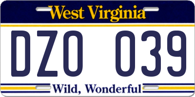 WV license plate DZO039