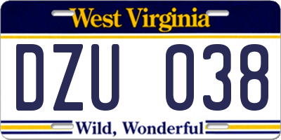 WV license plate DZU038