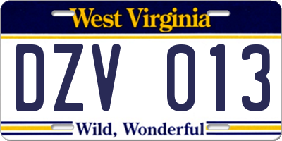 WV license plate DZV013