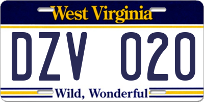 WV license plate DZV020