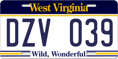 WV license plate DZV039