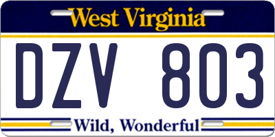 WV license plate DZV803