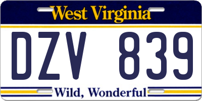 WV license plate DZV839