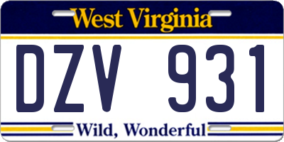 WV license plate DZV931