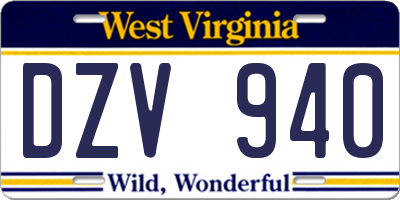 WV license plate DZV940