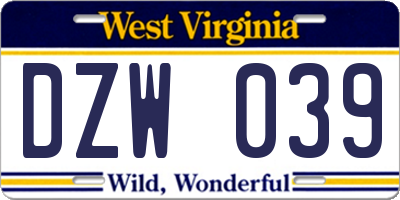 WV license plate DZW039