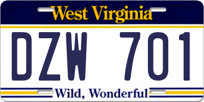 WV license plate DZW701