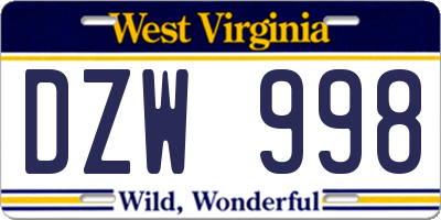 WV license plate DZW998