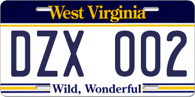 WV license plate DZX002