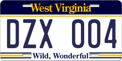 WV license plate DZX004