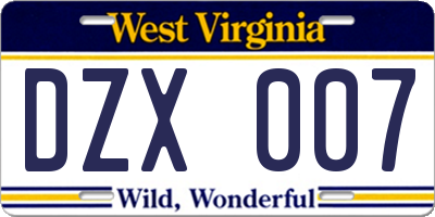 WV license plate DZX007