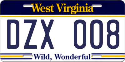 WV license plate DZX008