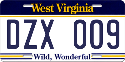 WV license plate DZX009