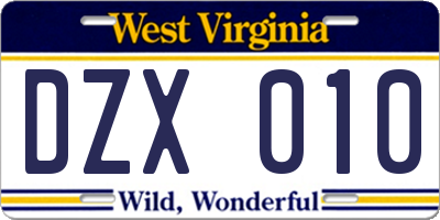 WV license plate DZX010