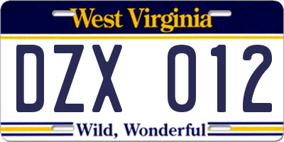 WV license plate DZX012