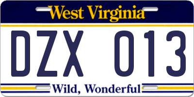 WV license plate DZX013