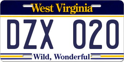 WV license plate DZX020