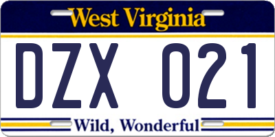 WV license plate DZX021