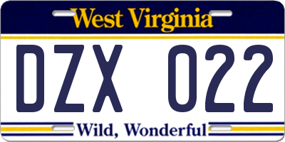 WV license plate DZX022