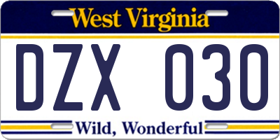 WV license plate DZX030