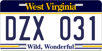 WV license plate DZX031