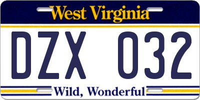 WV license plate DZX032