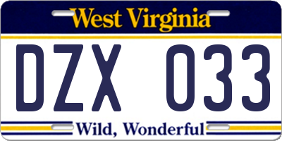 WV license plate DZX033