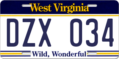 WV license plate DZX034