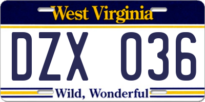 WV license plate DZX036