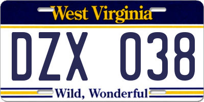 WV license plate DZX038