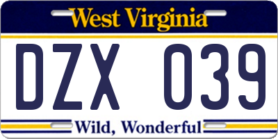 WV license plate DZX039