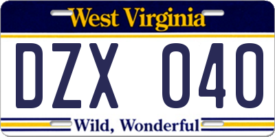 WV license plate DZX040