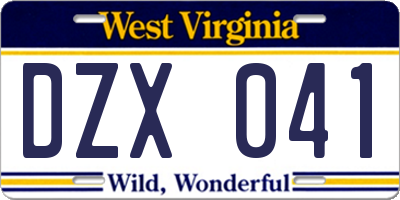 WV license plate DZX041