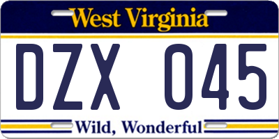 WV license plate DZX045