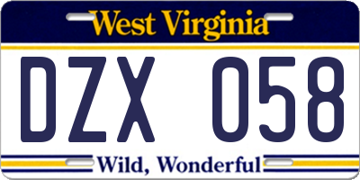 WV license plate DZX058