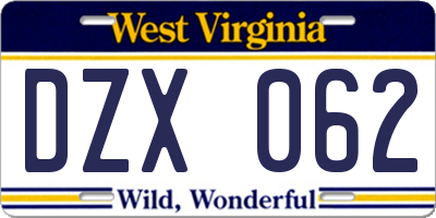 WV license plate DZX062