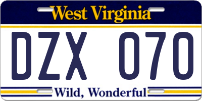 WV license plate DZX070