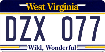 WV license plate DZX077