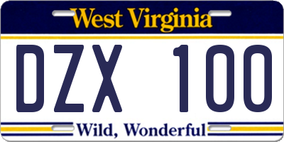 WV license plate DZX100