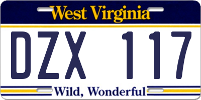 WV license plate DZX117
